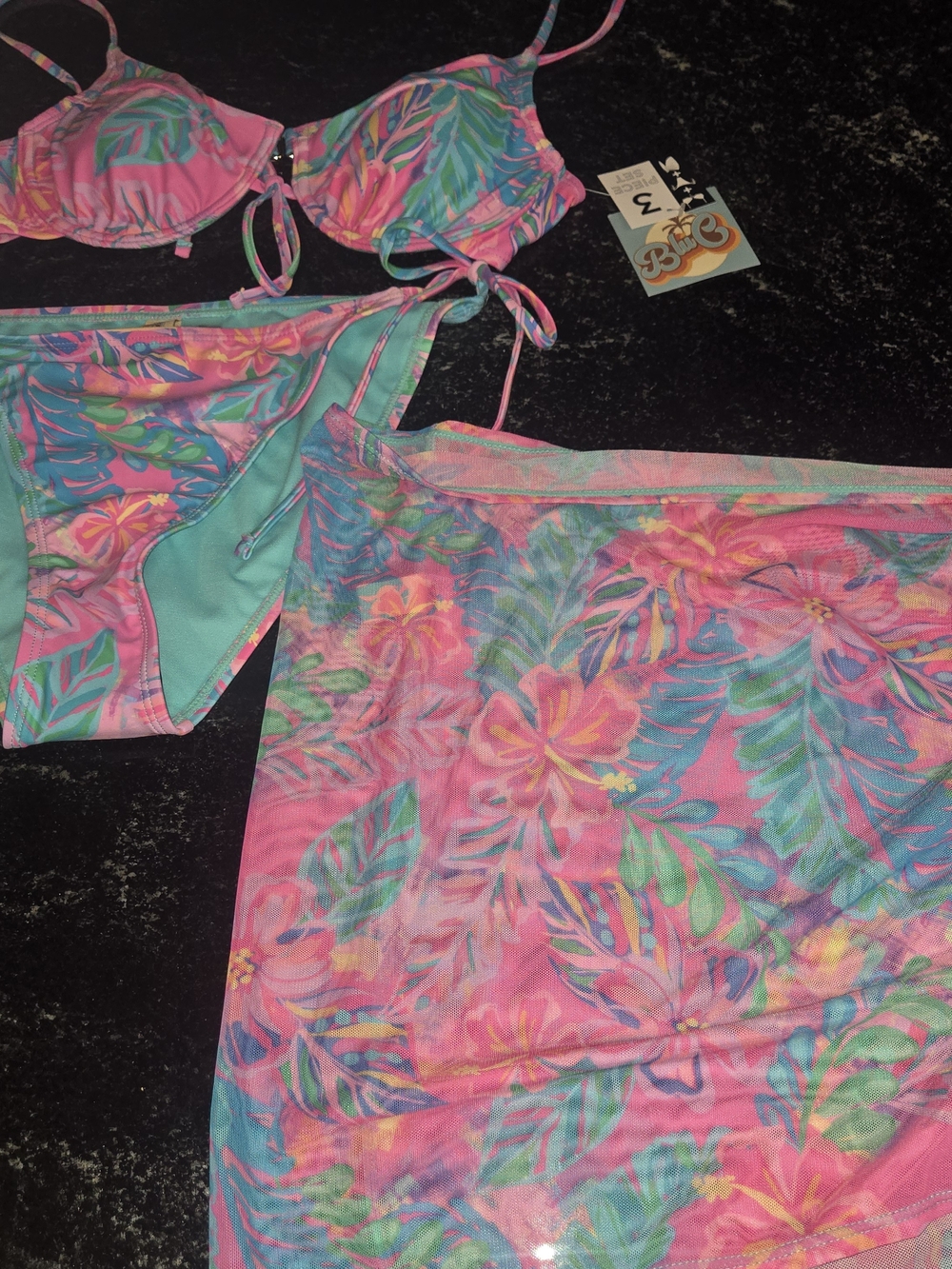 Tropical Pink Floral Bikini Set with Mesh Cover-Up
